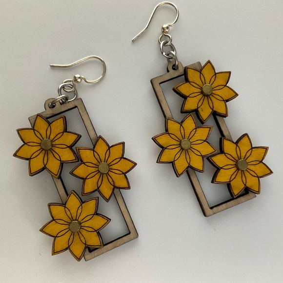 Kinetic Flower Gear Earrings - laser Cut from Reforested Wood Yellow & Natural - Picture 3 of 9